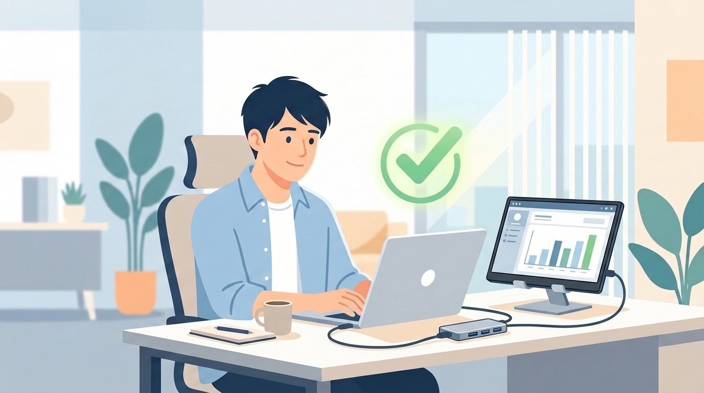 デュアルモニターで快適にテレワークする男性のイラスト