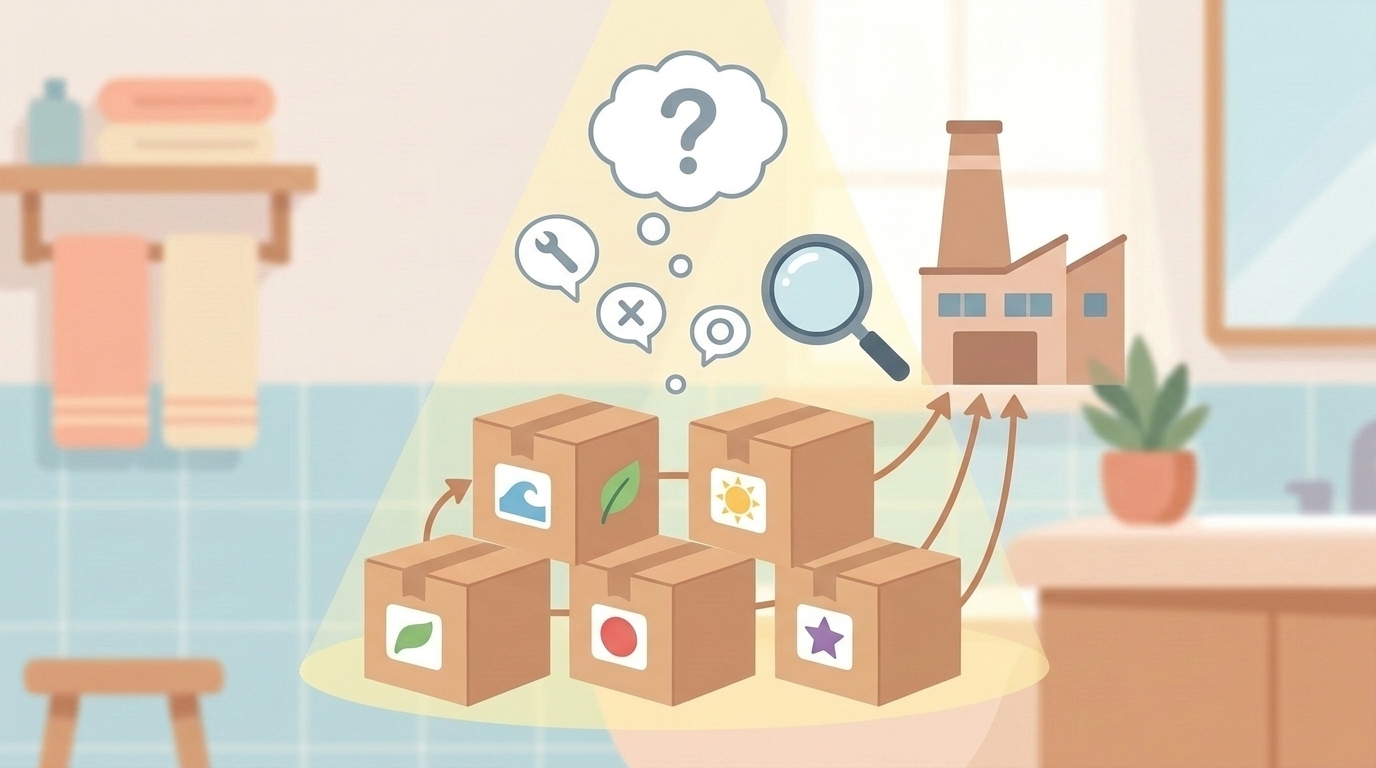 同じ工場から複数の異なるブランド箱が出荷されているイラスト