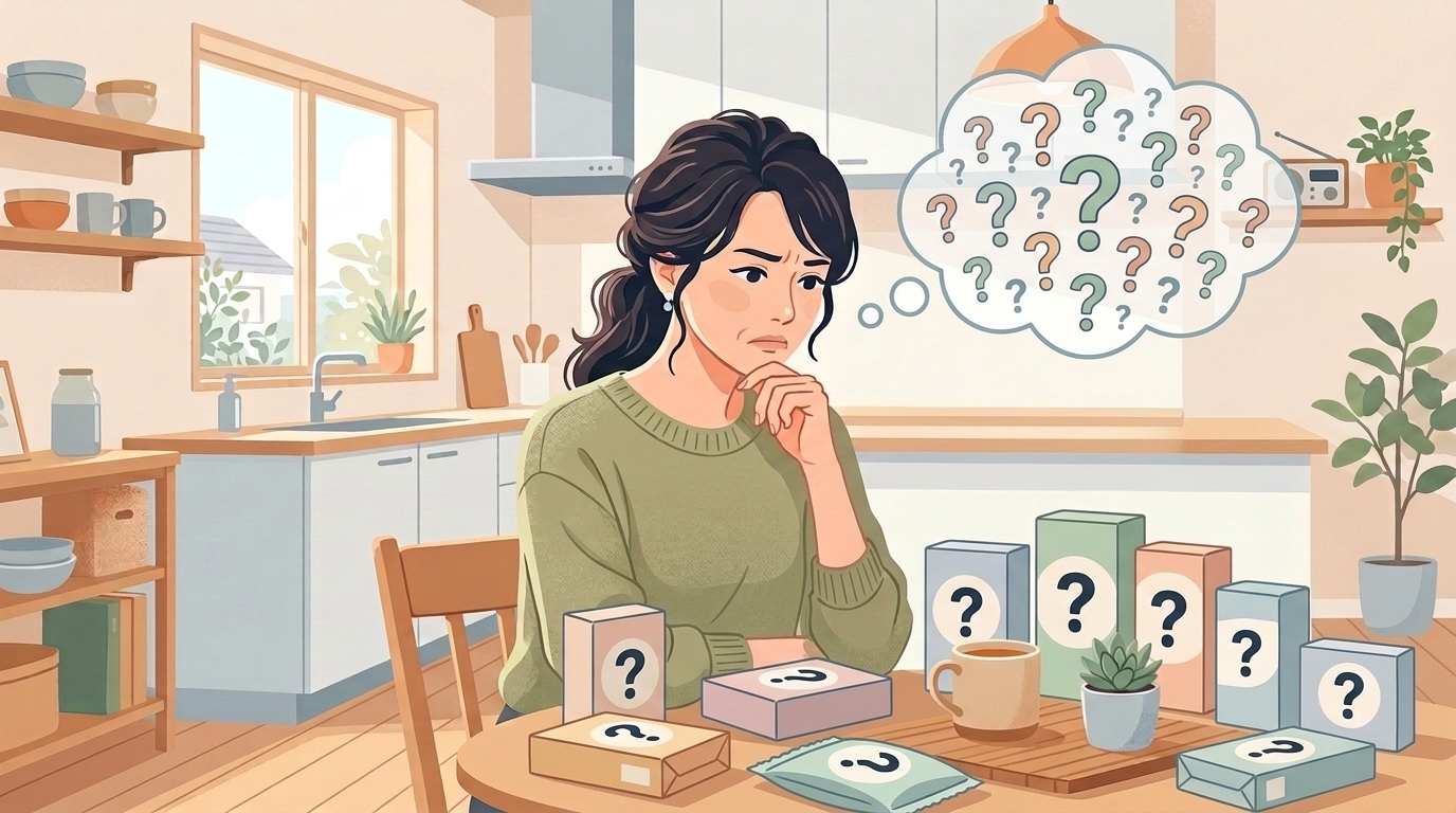 クエスチョンマークの付いた複数の商品パッケージを前に考え込む女性