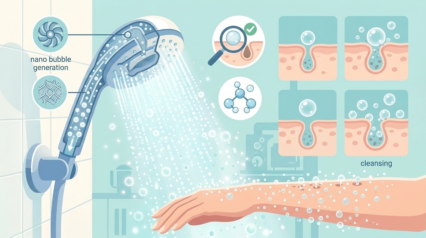 シャワーヘッドの断面図とナノバブルが毛穴を洗浄する仕組みのイラスト