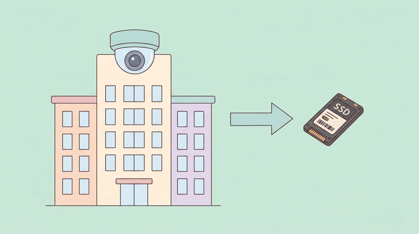 監視カメラを載せた企業ビルからSSD製品への矢印を示したイラスト