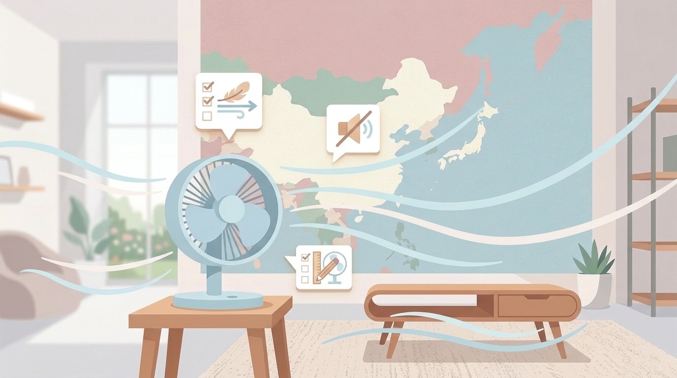サーキュレーターが部屋中に風を送るチェックリスト付き性能評価イラスト