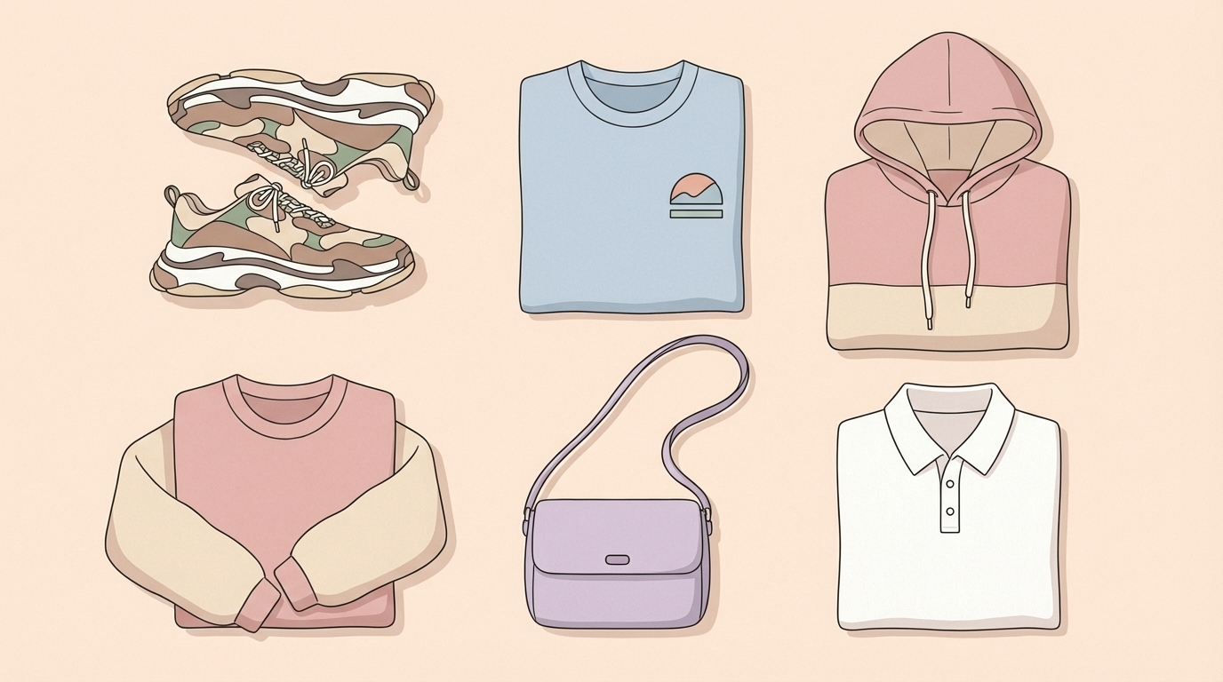 スニーカーやウェアなど人気アイテムのフラットレイイラスト