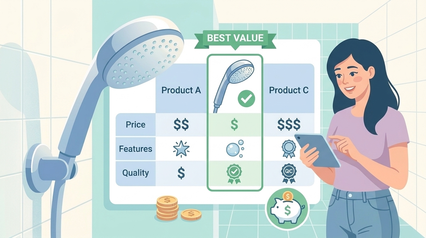 シャワーヘッドの価格比較表とベストバリュー表示のイラスト