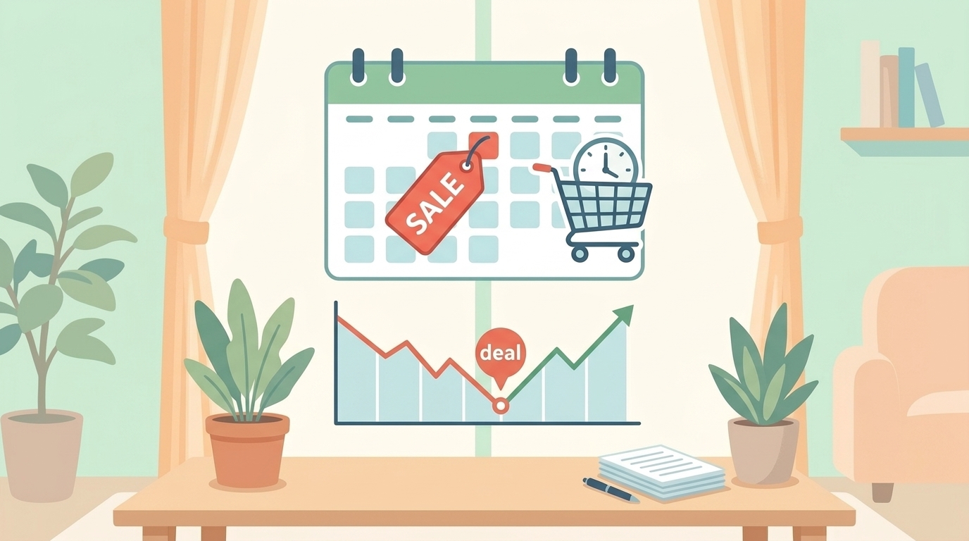 カレンダーと価格グラフで購入タイミングを考えるイラスト