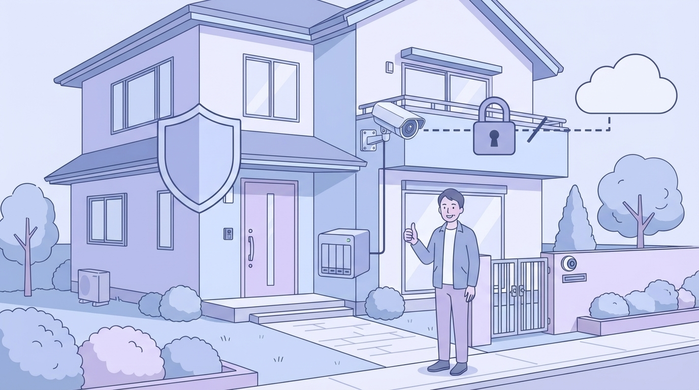 ローカル保存でクラウドへの接続を遮断した安全な防犯カメラシステムのイラスト