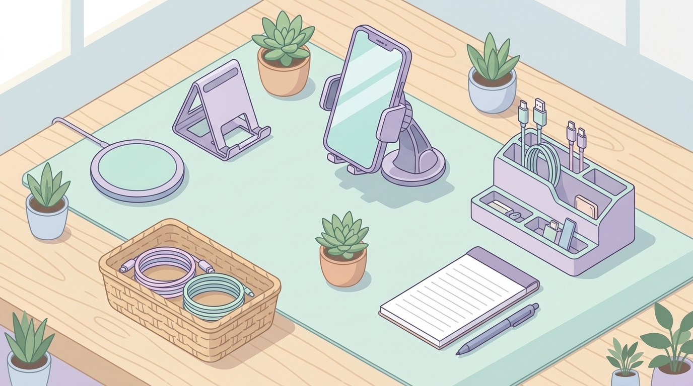 スマホホルダーや充電器などアクセサリーの並ぶデスクのイラスト