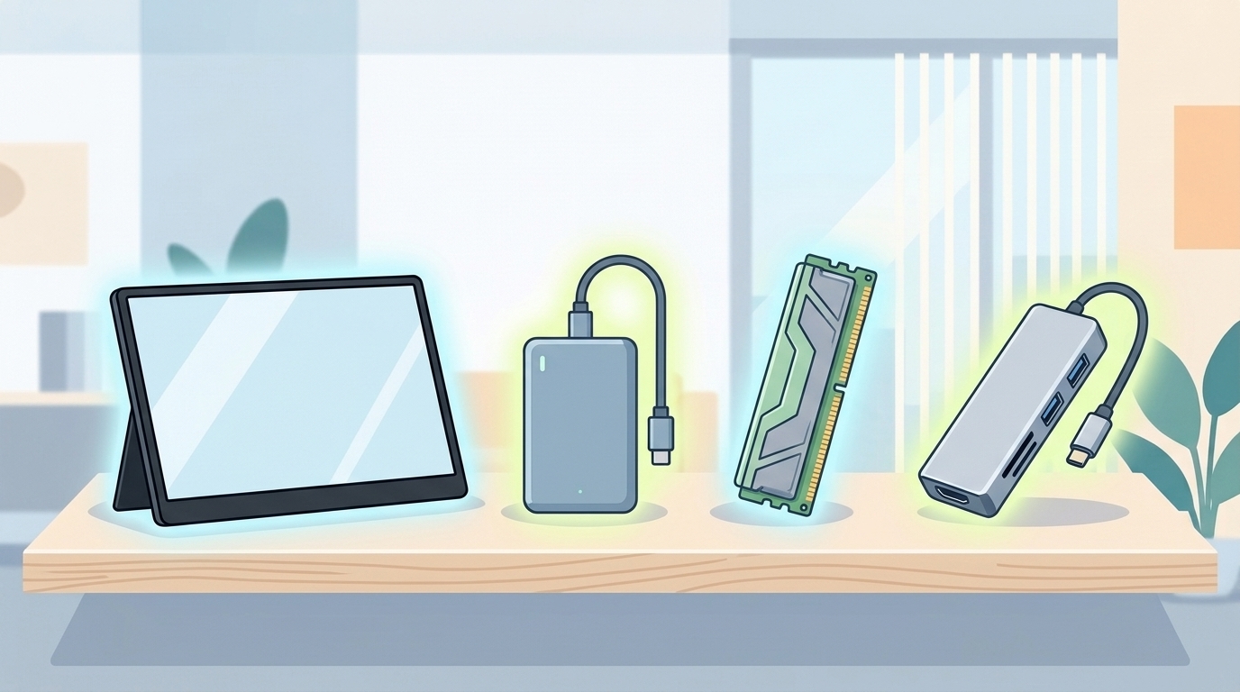 モバイルモニター・SSD・メモリ・USBハブが並ぶ製品一覧イラスト