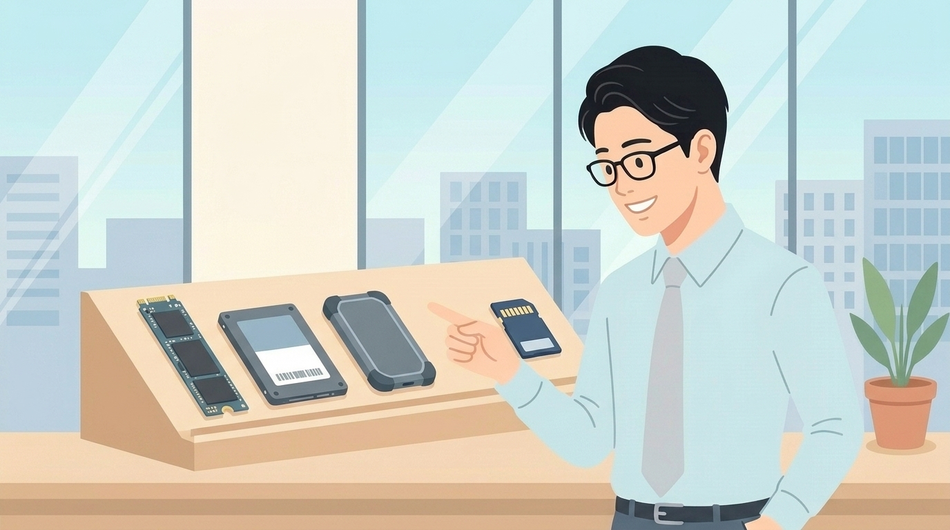 SSDや外付けストレージの製品ラインナップを紹介する男性のイラスト