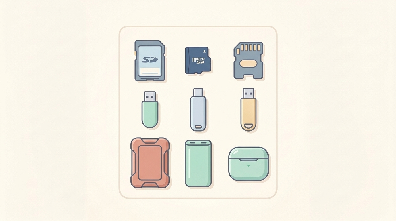 SDカード・USBメモリ・モバイルバッテリー・イヤホンのフラットイラスト