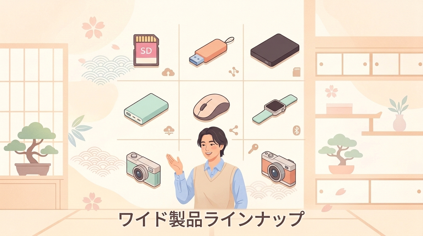 SDカード・USBメモリ・モバイルバッテリー・マウス・スマートウォッチ等の製品一覧イラスト