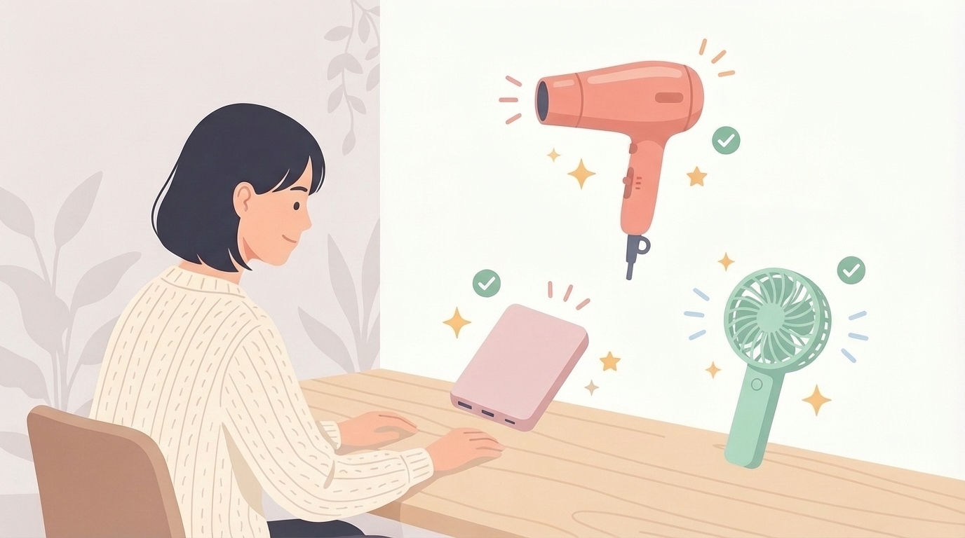 ドライヤー・モバイルバッテリー・ハンディファンのイラスト