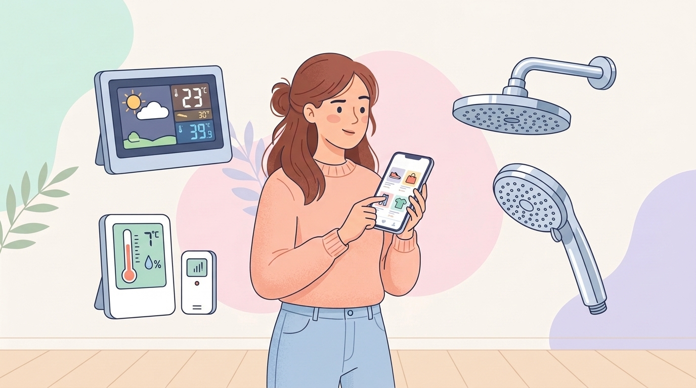 ウェザーステーション・温湿度計・シャワーヘッドの製品ラインナップイラスト