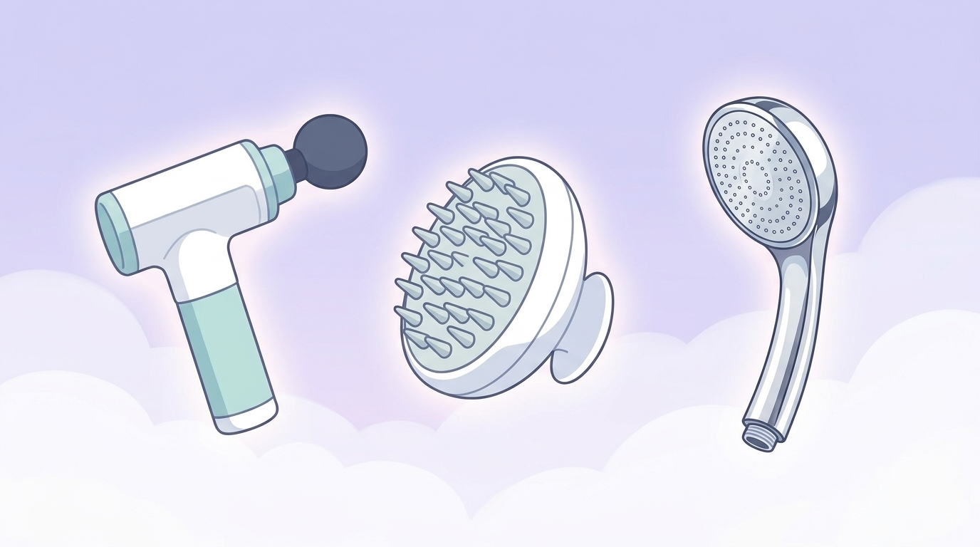 マッサージガン・ヘッドスパ・シャワーヘッドが並ぶ美容製品ラインナップのイラスト