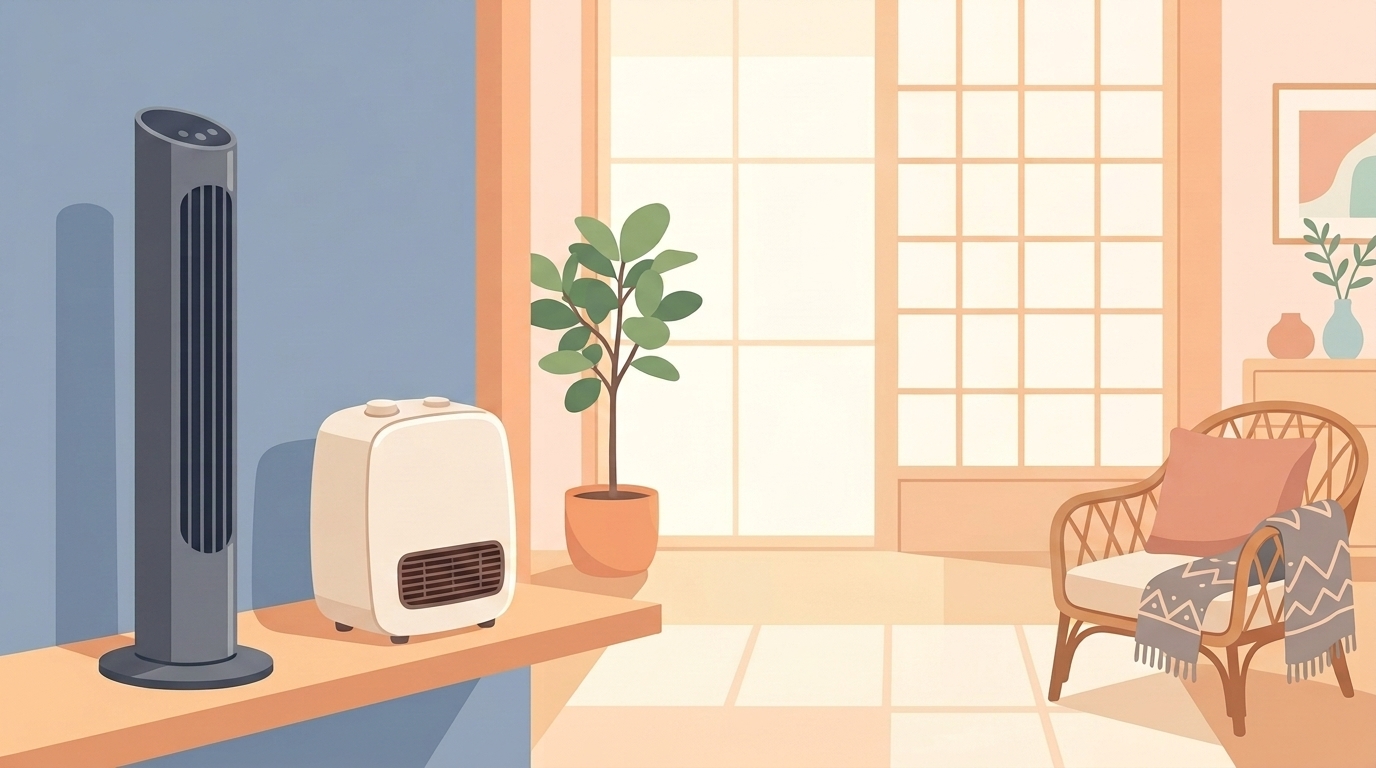 明るい部屋に置かれたタワーファンとセラミックヒーターのイラスト