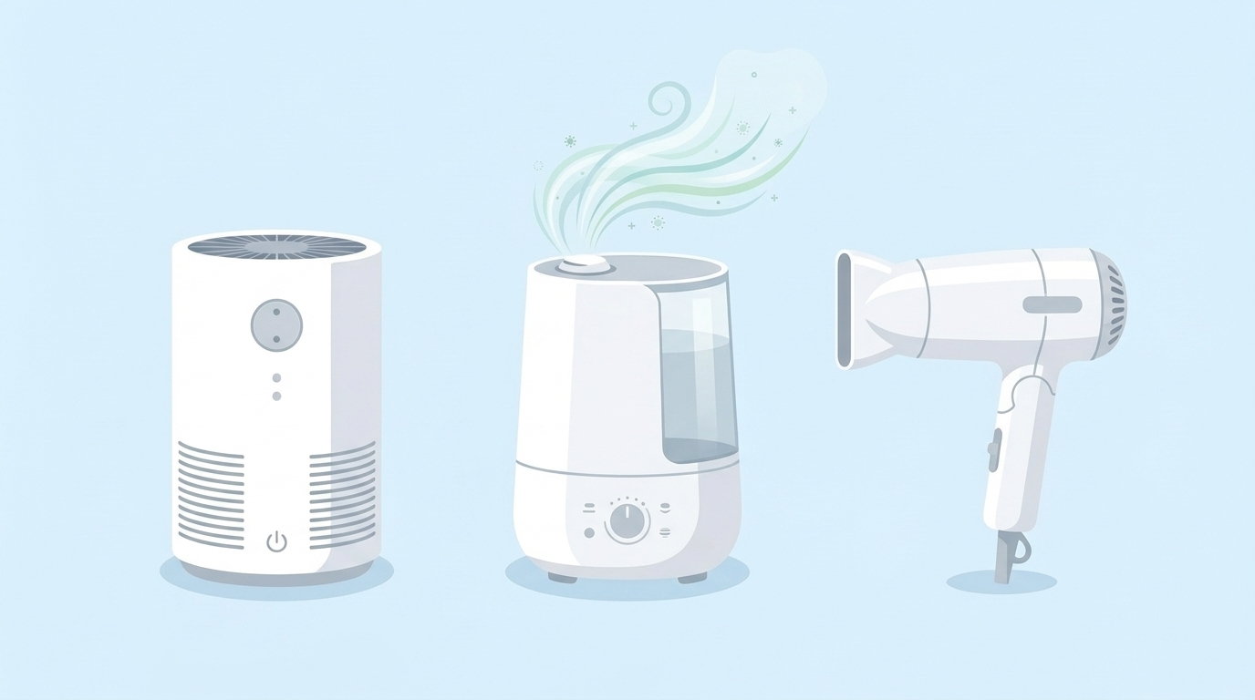 空気清浄機・加湿器・ヘアドライヤーが並ぶ製品ラインのイラスト