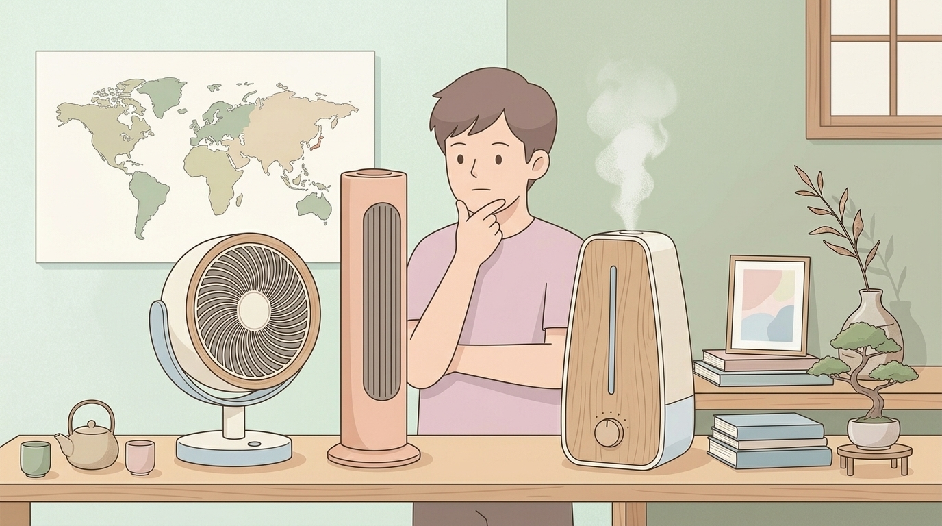 サーキュレーター・タワーヒーター・加湿器が並ぶ部屋のイラスト