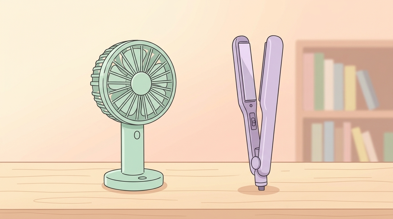コンパクトな折りたたみ扇風機とヘアアイロンが並んだシンプルな製品紹介イラスト