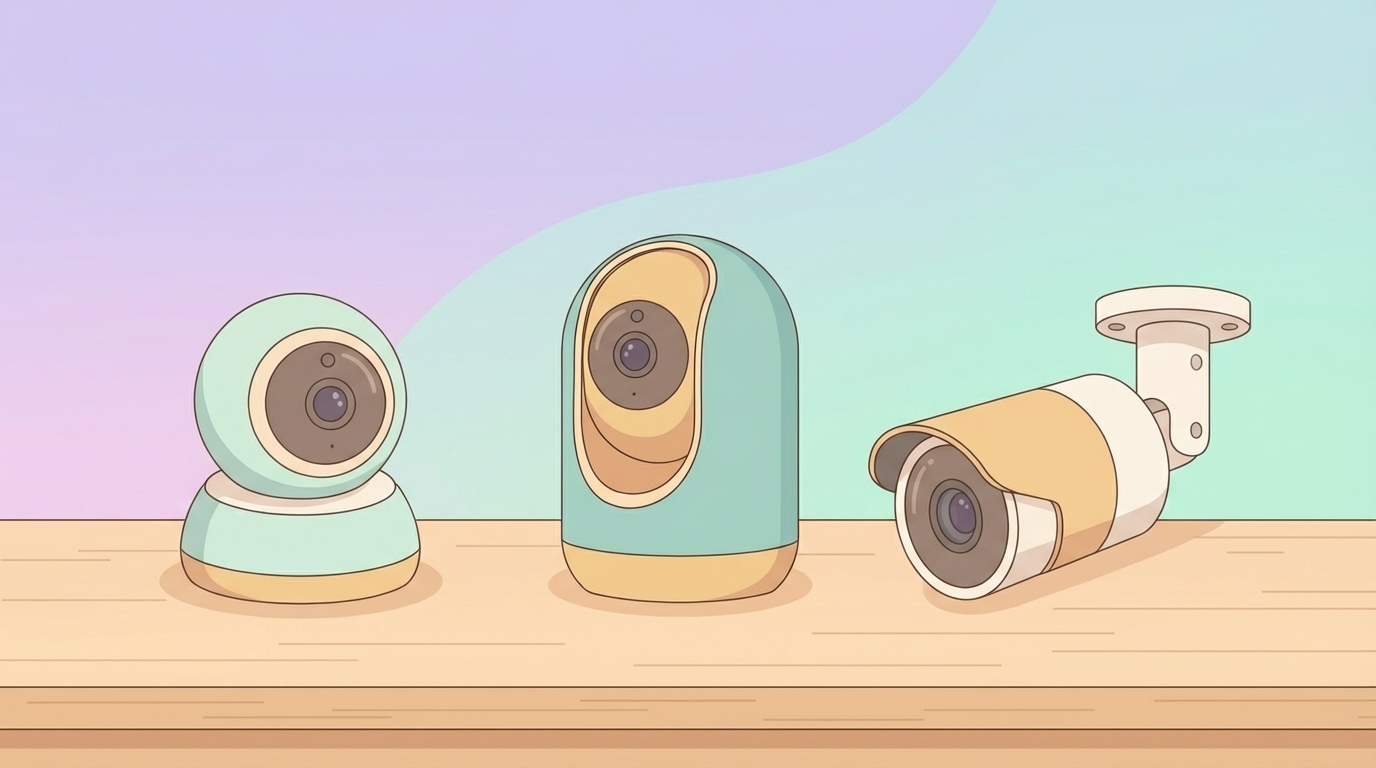 3種類の防犯カメラが並ぶフラットイラスト