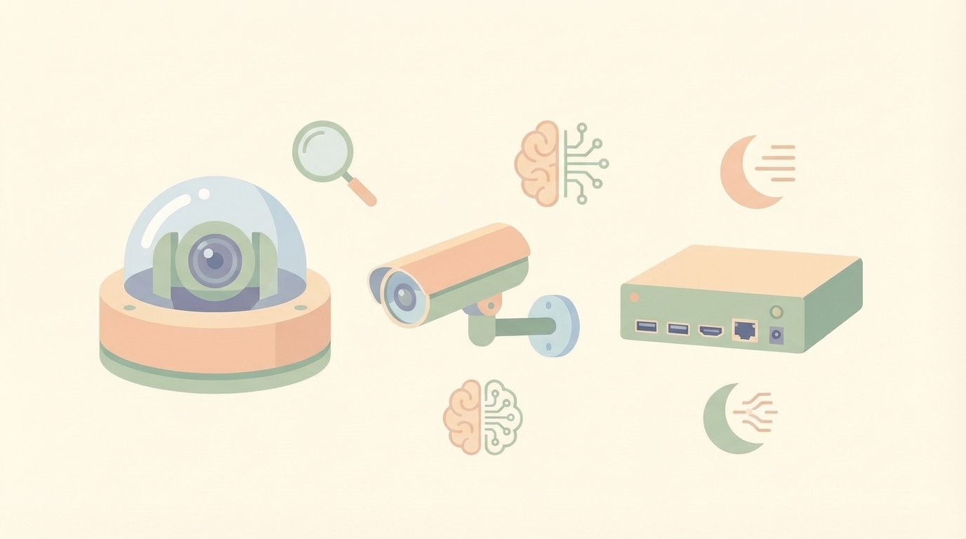 PTZドームカメラやバレットカメラなど防犯カメラ製品群のイラスト