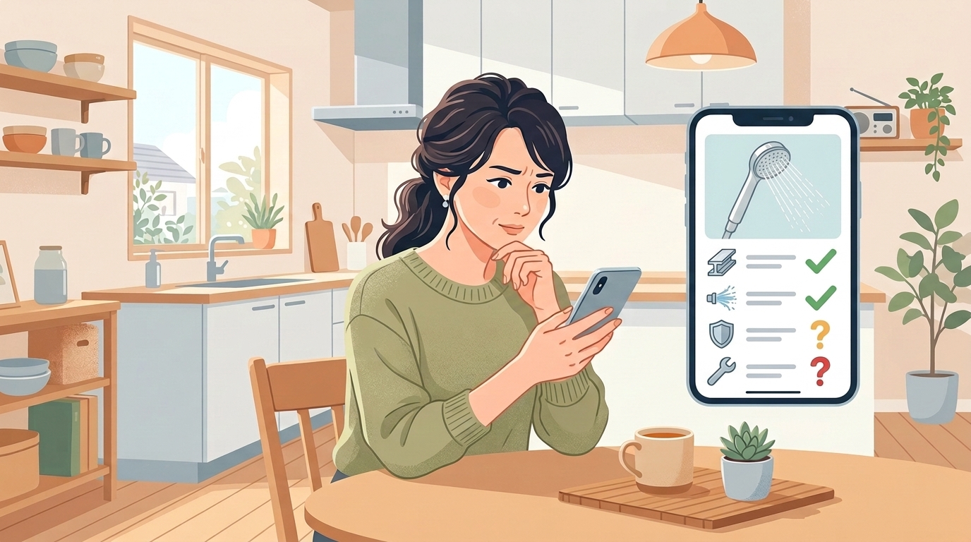 シャワーヘッドの品質チェックリストを確認するイラスト