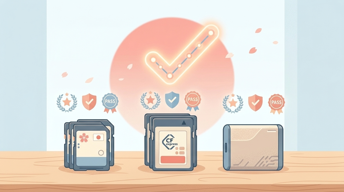 SDカード・CFexpressカード・SSDが並ぶ品質管理イメージイラスト