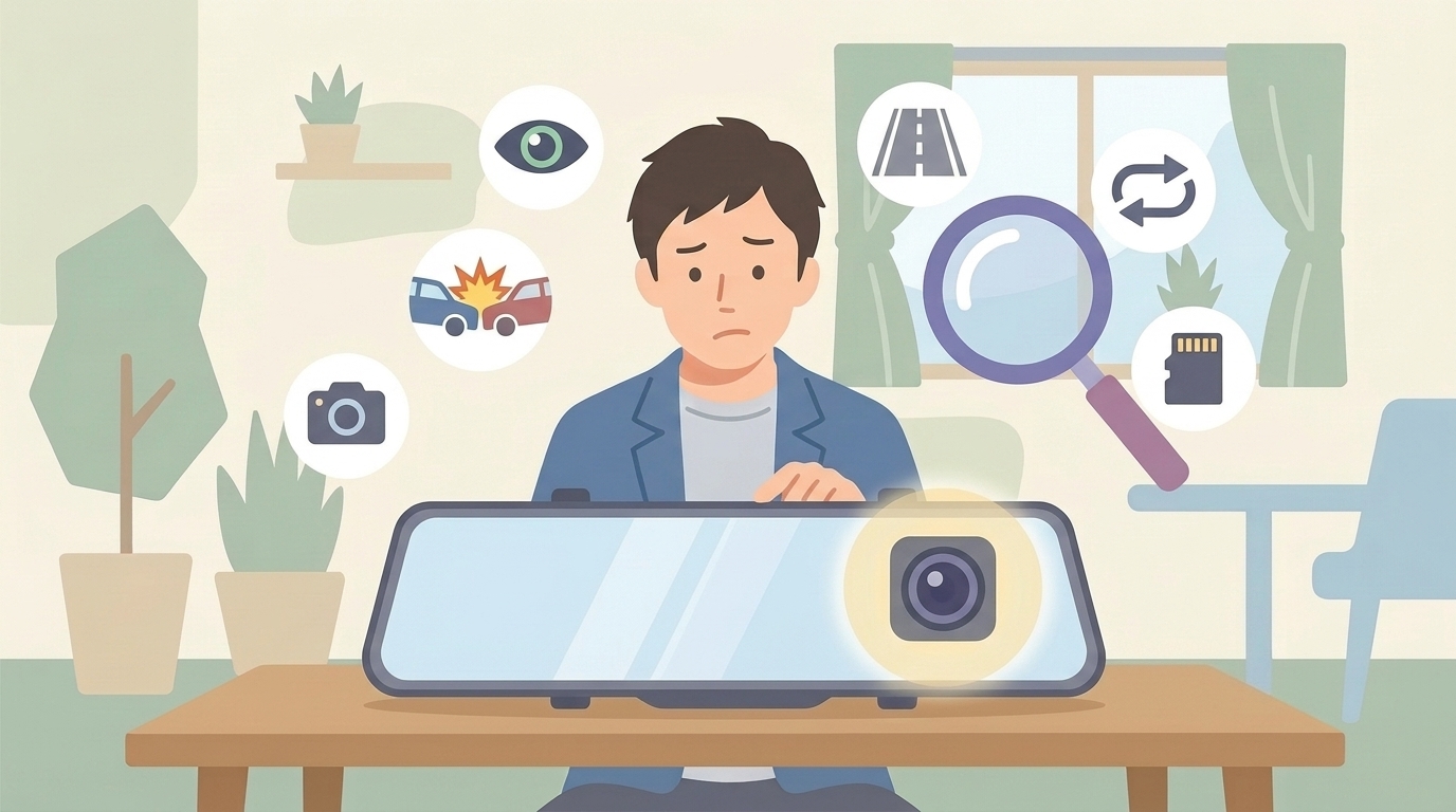 ミラー型ドラレコの機能とスペックを確認するイラスト