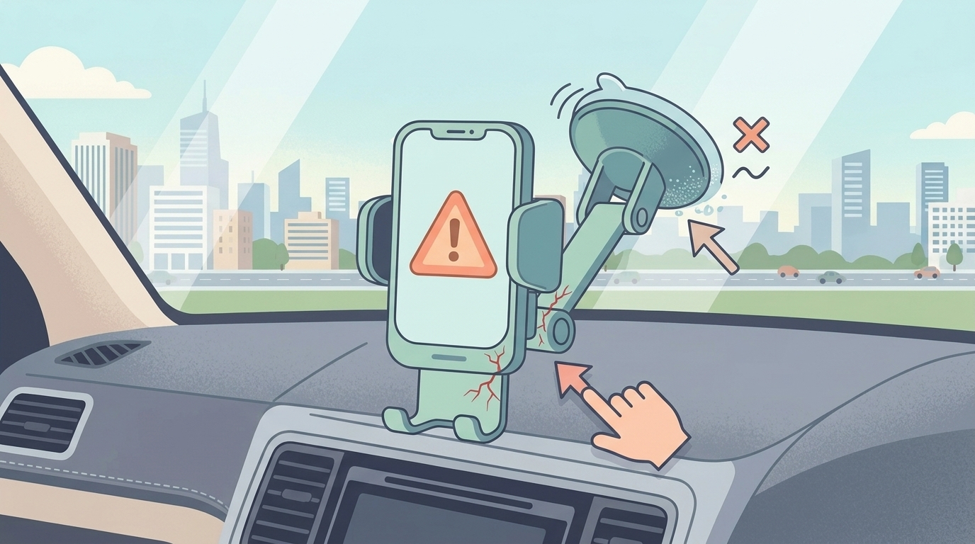 車載ホルダーの吸盤落下やアーム破損の注意点を示すイラスト