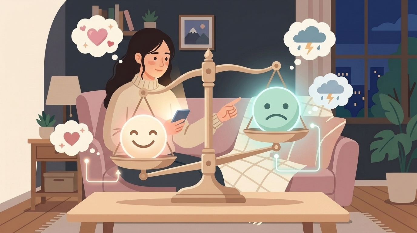 天秤で良い点と悪い点を比べるイラスト