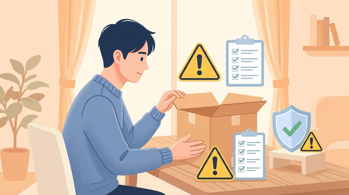 荷物を開封しながら注意点を確認しているイラスト