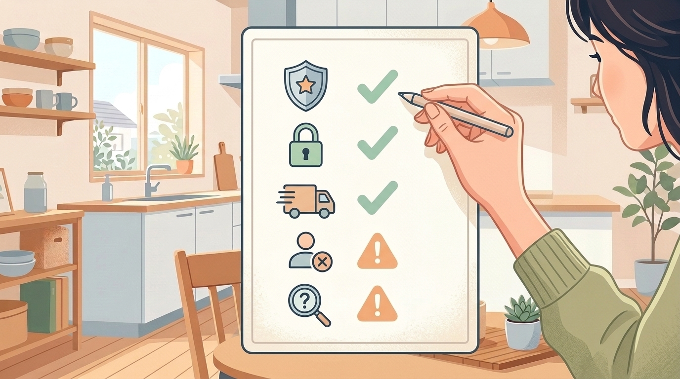 5項目の購入前チェックリストを確認する手のイラスト