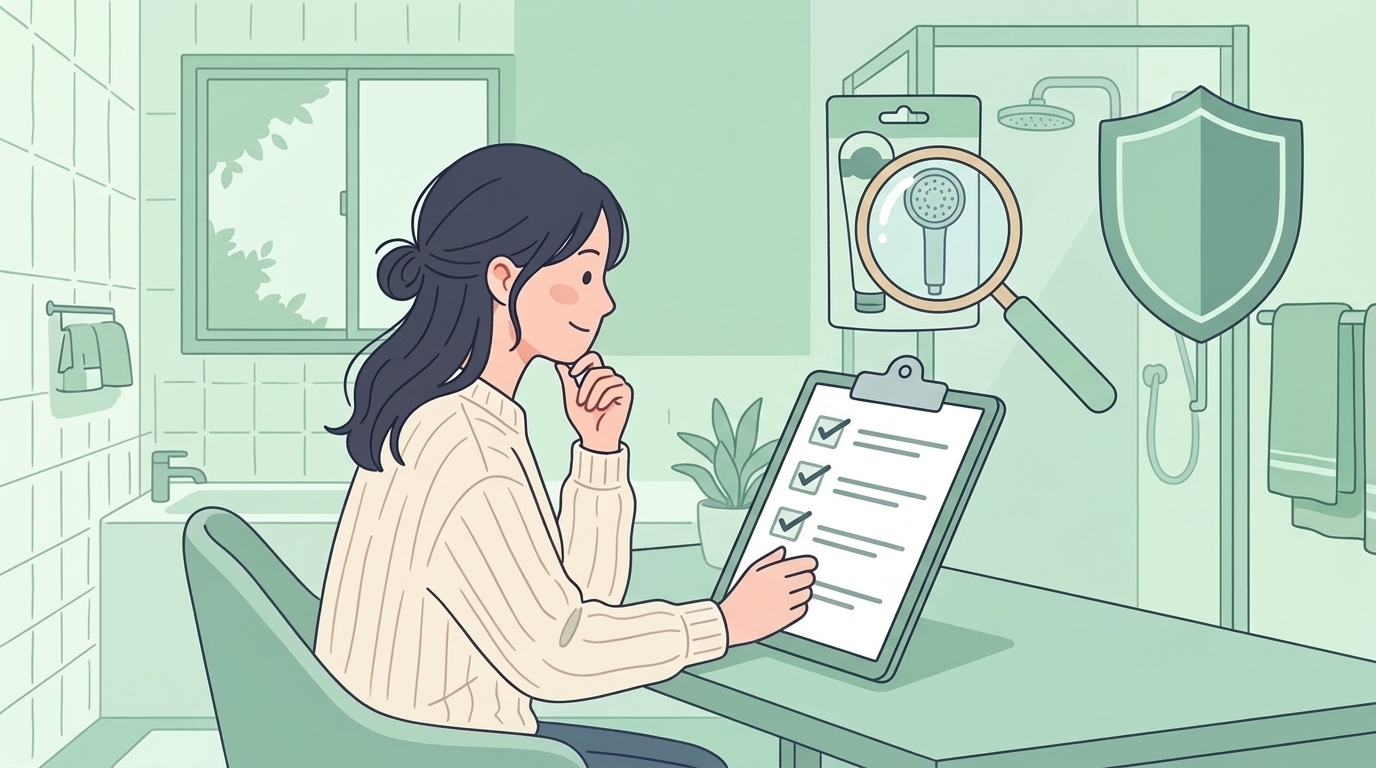 チェックリストとシールドアイコンでシャワーヘッドを確認する女性のイラスト