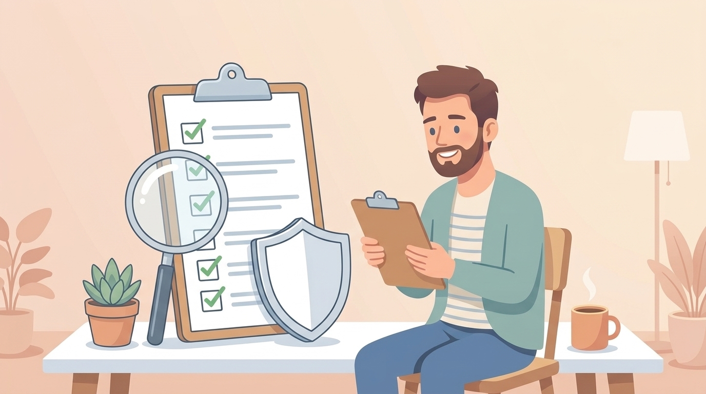 チェックリストと盾アイコンで購入前確認を表すイラスト