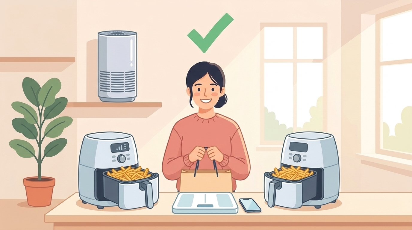 安心して購入決断した女性とVeSync製品のイラスト