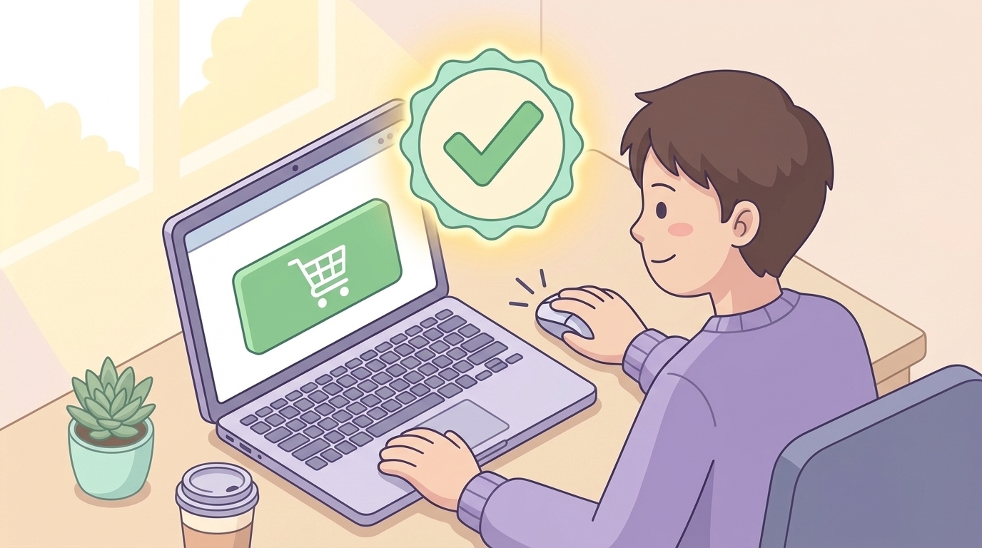 安心して購入ボタンを押す人のイラスト