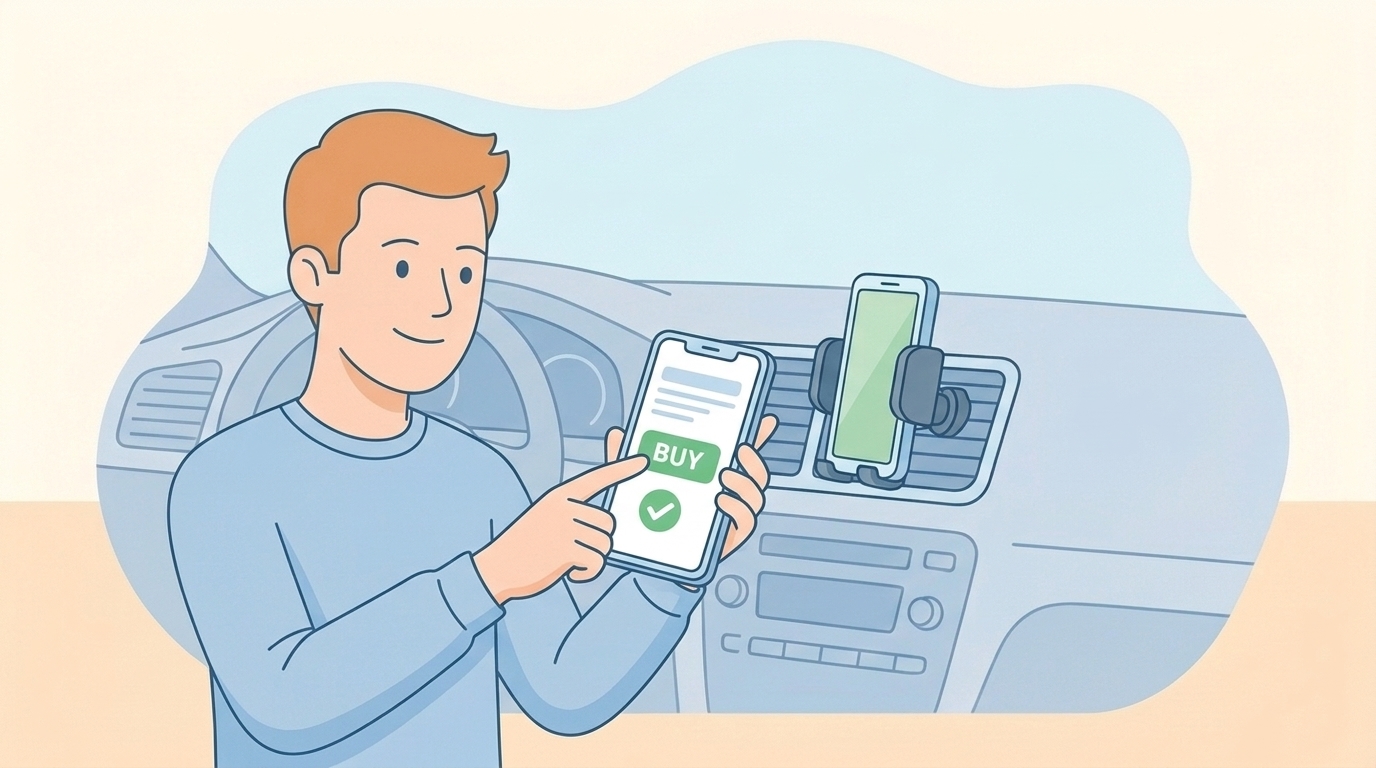 納得して購入ボタンを押す男性と車内に設置されたスマホホルダーのフラットイラスト