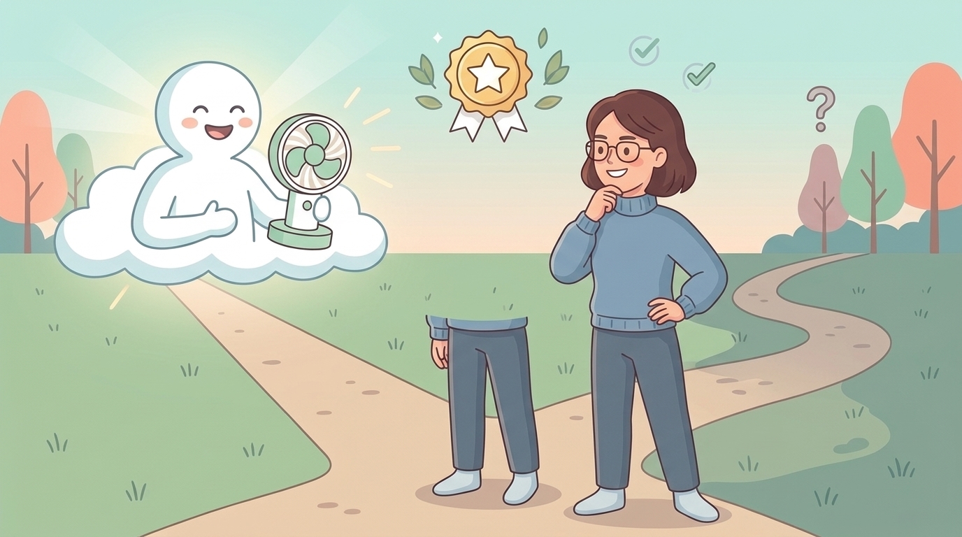 二股の道で購入判断を考える人のイラスト