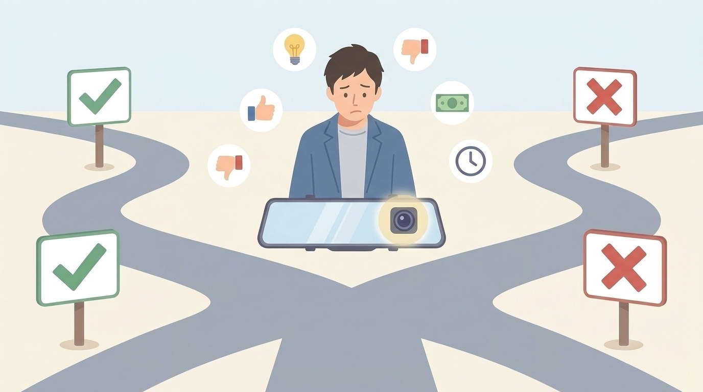 ドラレコ購入の判断に迷う男性のイラスト