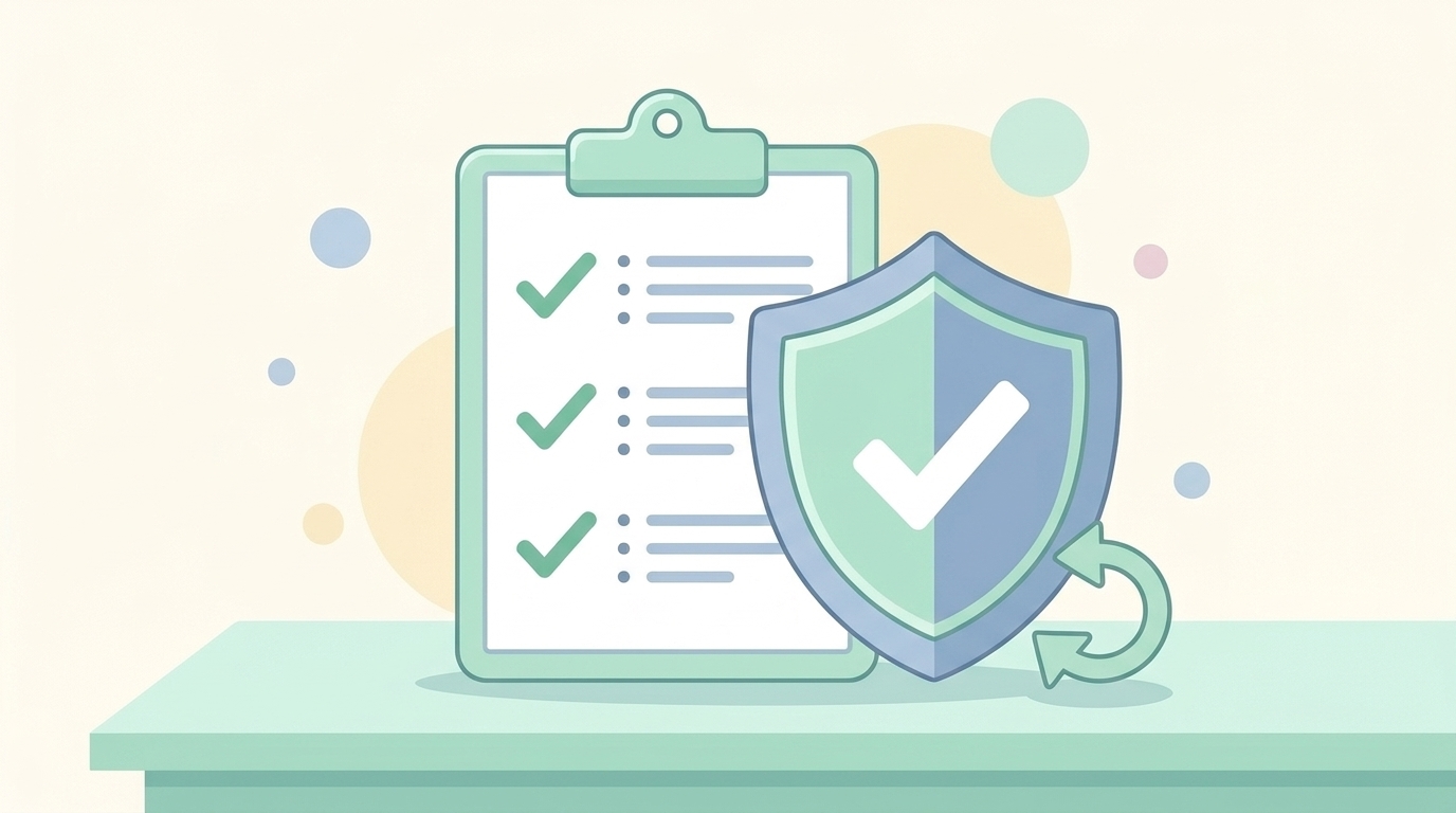 チェックリストと保証を表す盾のイラスト