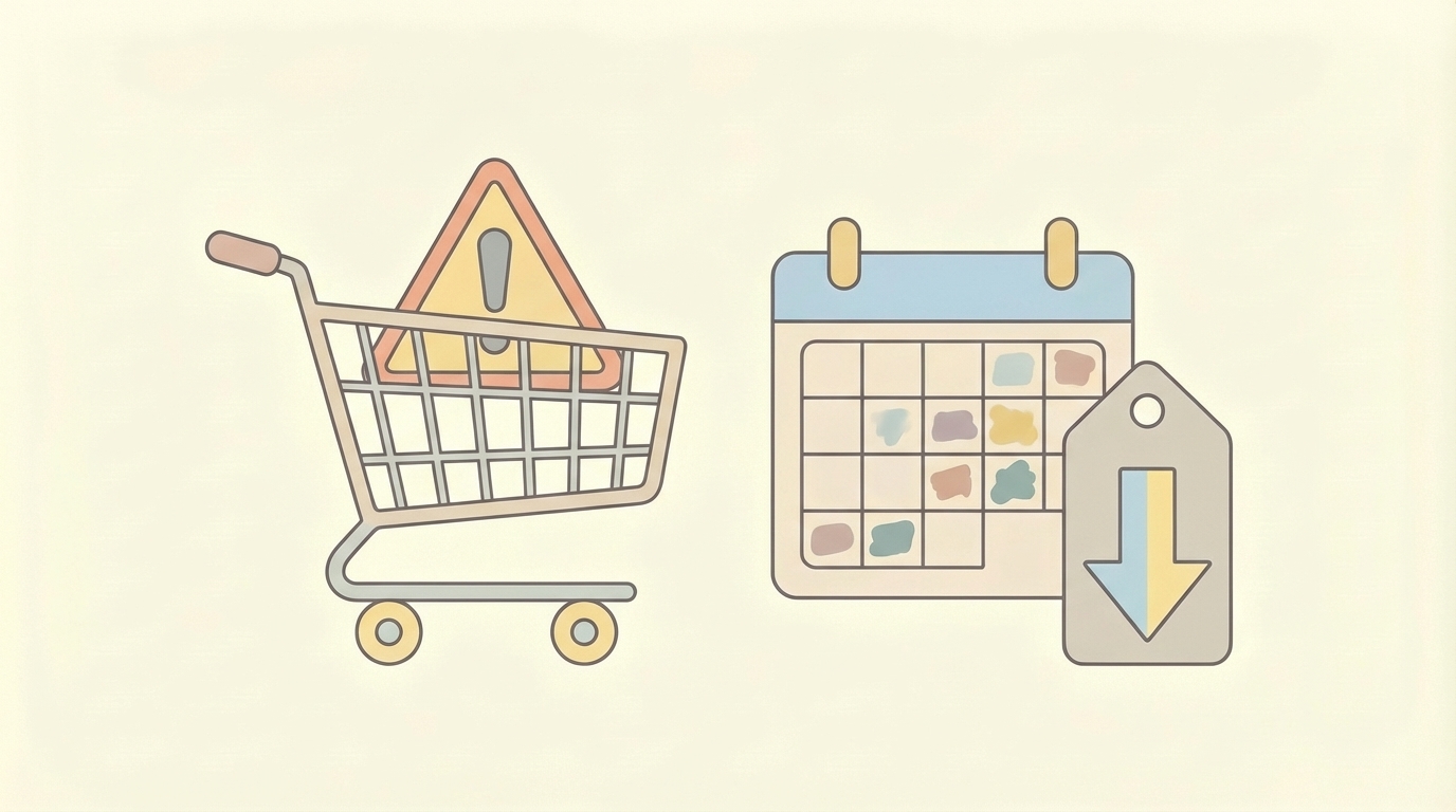 ショッピングカートと注意マーク、セールカレンダーのイラスト