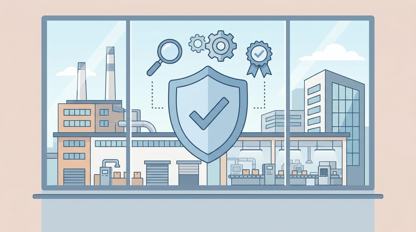 品質管理と製造工場の信頼性を示すイラスト