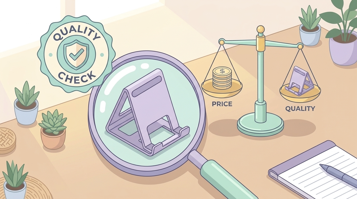 ルーペで製品を検査し価格と品質を天秤にかけるイラスト
