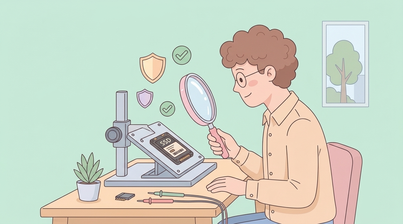 SSDを拡大鏡で検査しシールドマークが浮かぶ品質確認のイラスト