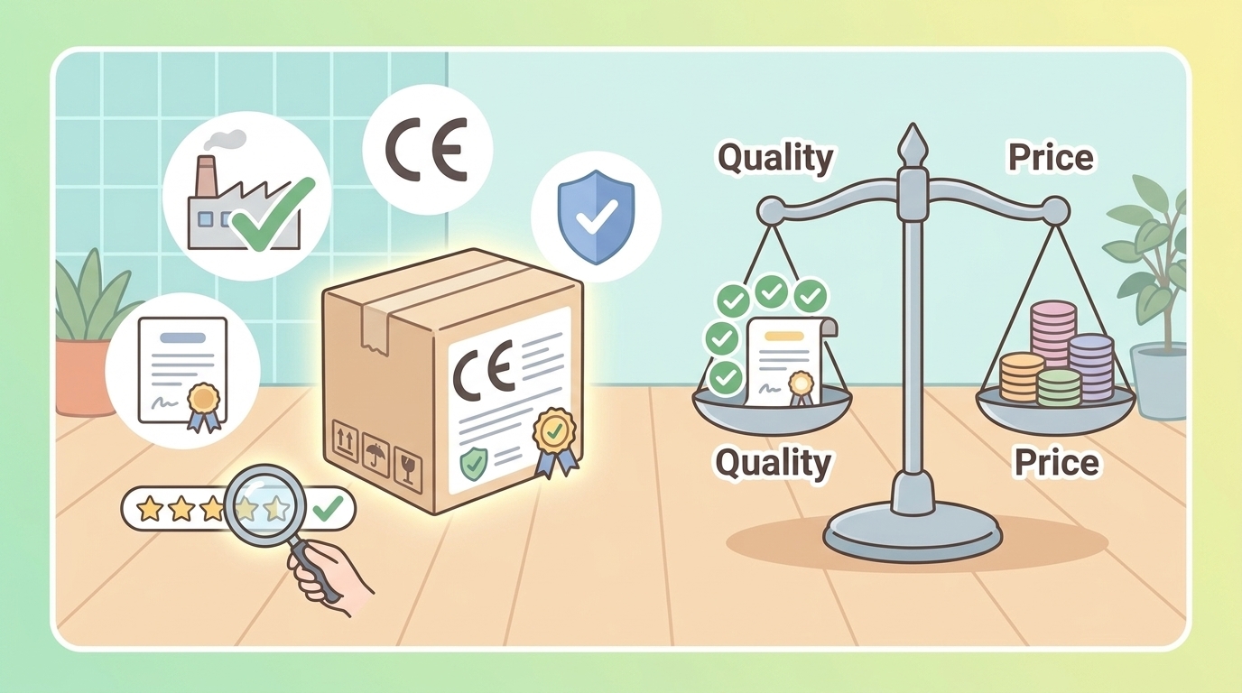品質認証バッジと品質vs価格のバランスを示すイラスト