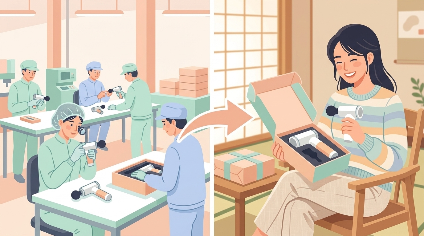 品質検査工場と自宅で製品を受け取る女性の対比イラスト