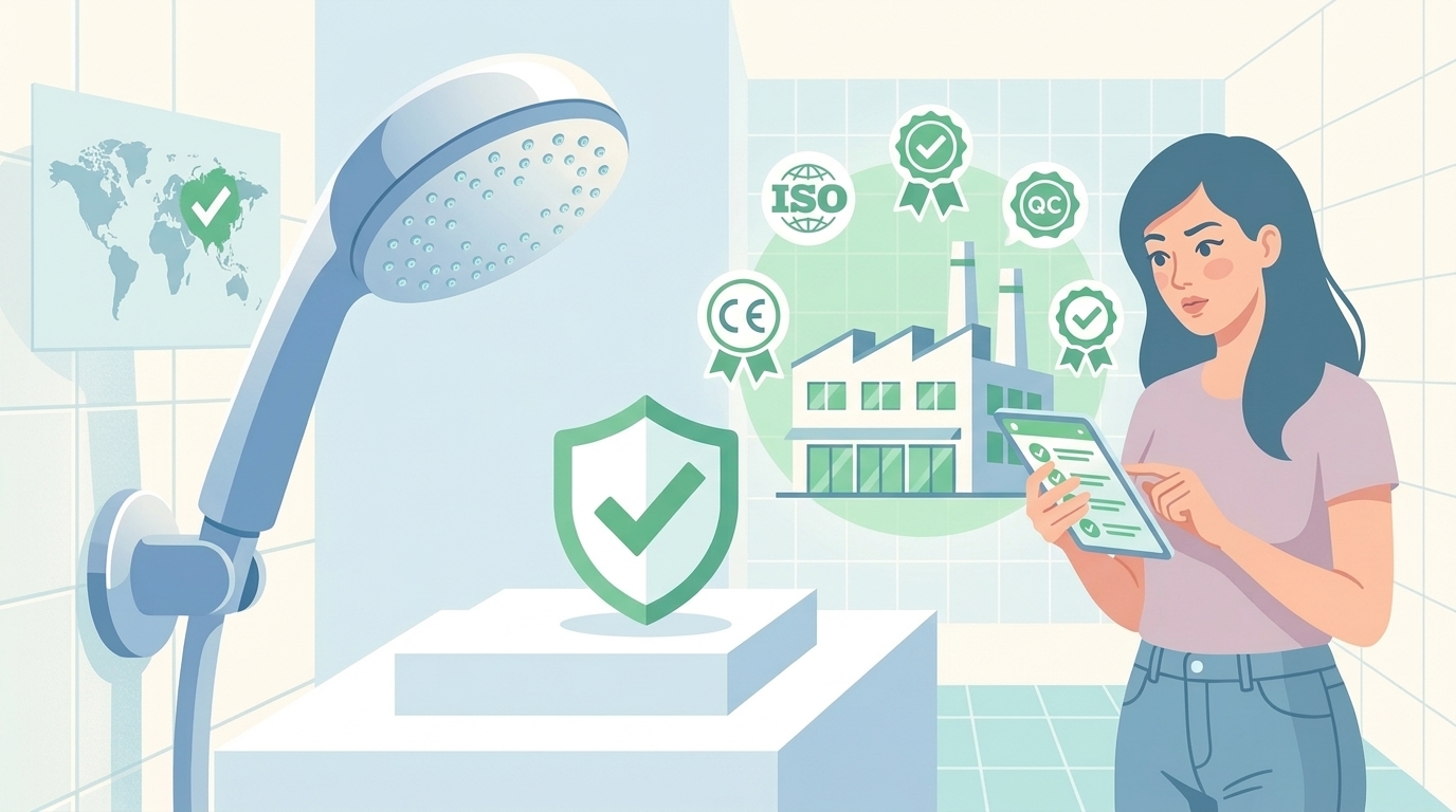 品質認証バッジと安全シールドアイコンが並ぶ品質管理のイラスト