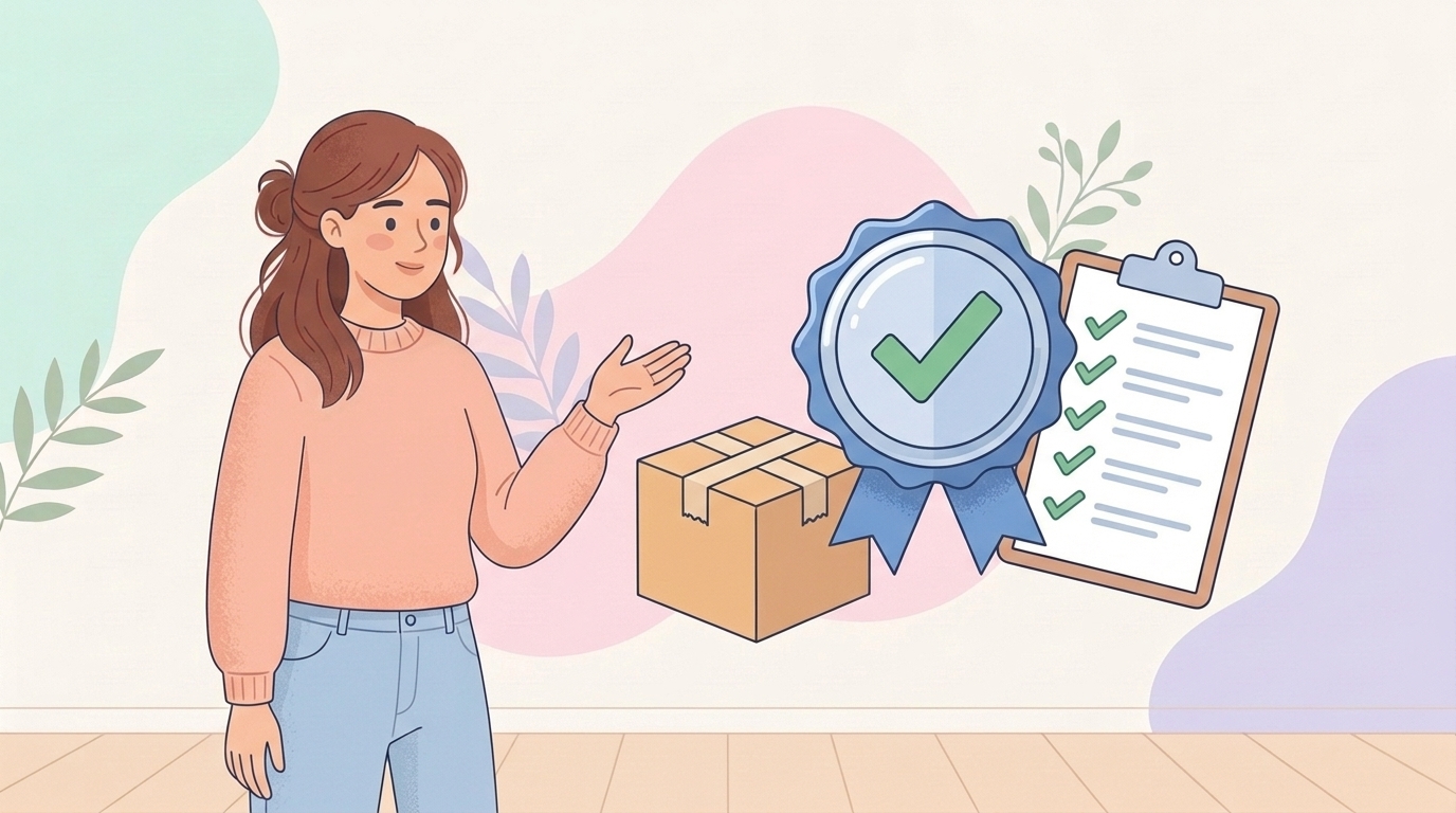 安全認証バッジとチェックリストで品質確認をする女性のイラスト