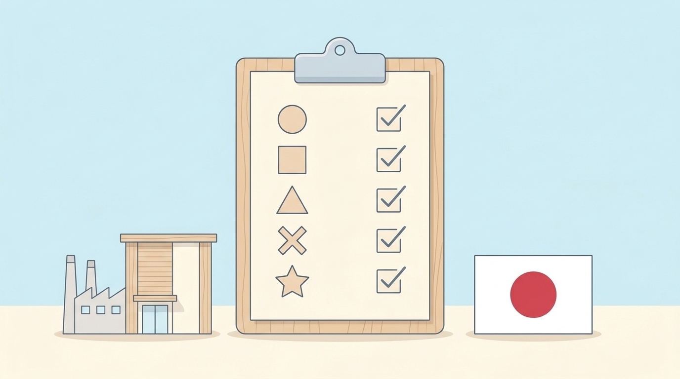 品質チェックリストと工場・日本フラグのイラスト