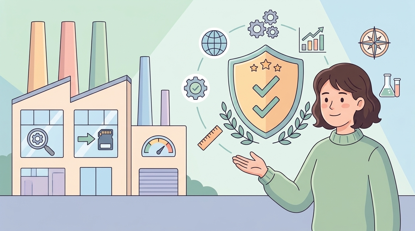 国際品質認証と工場品質管理を示すイラスト