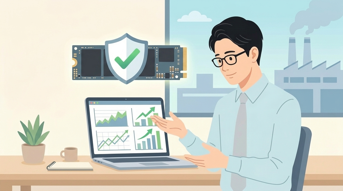 SSDの品質とベンチマーク結果を確認するエンジニアのイラスト